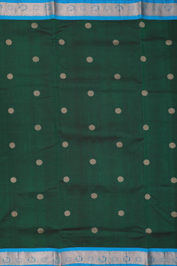 Nine Yards Silk Cotton Saree In Green With Zari Buttas