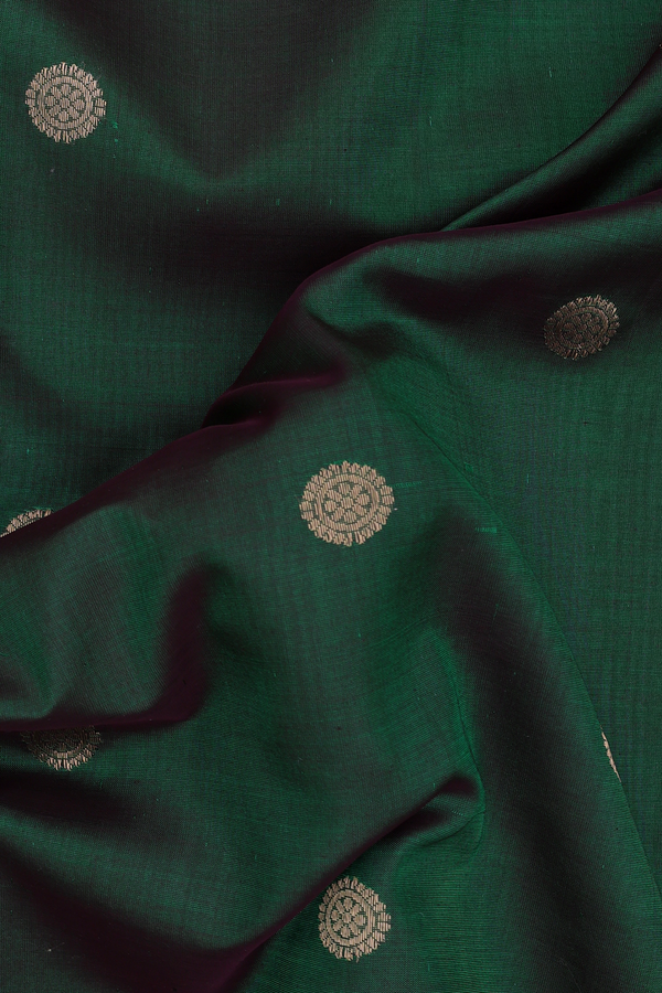 Nine Yards Silk Cotton Saree In Green With Zari Buttas