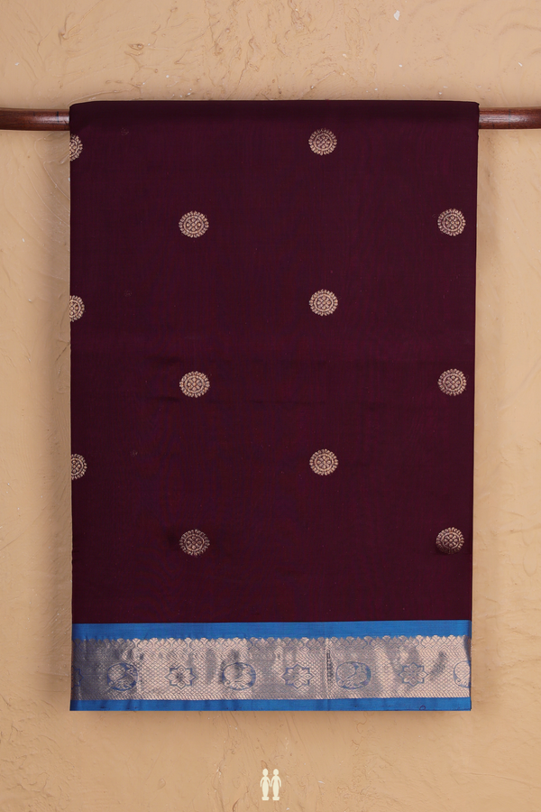 Nine Yards Silk Cotton Saree In Brown With Zari Buttas