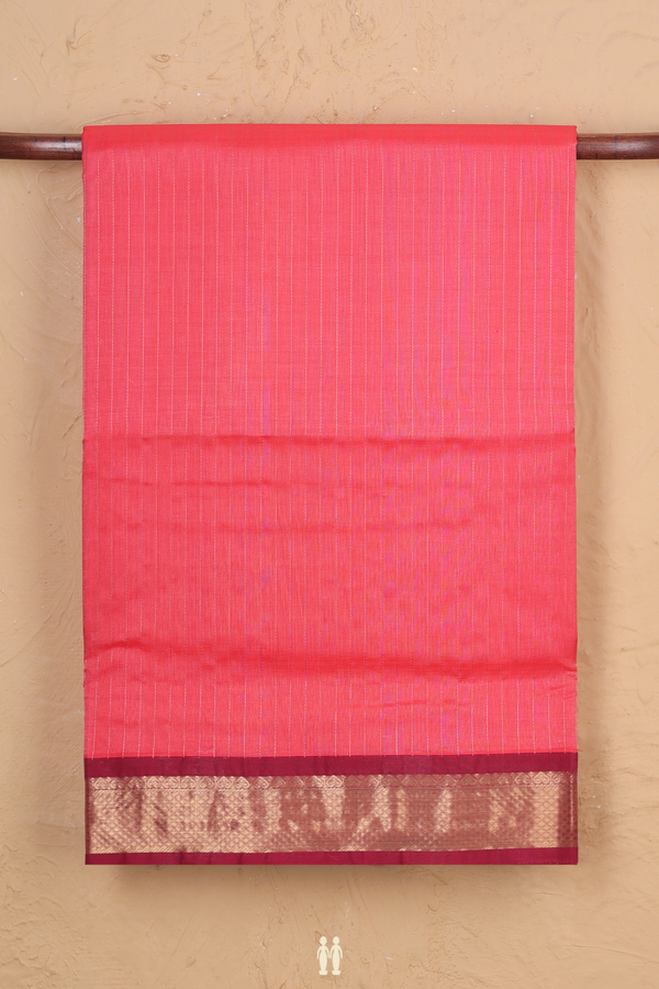 Nine Yards Silk Cotton Saree Coral Pink With Stripes Design