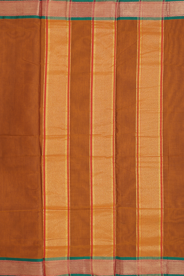 Nine Yards Cotton Saree In Saddle Brown With Contrast Border