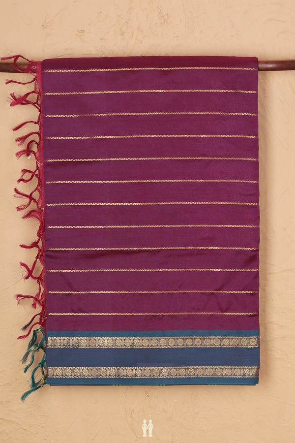 Nine Yards Silk Cotton Saree Plum Brown With Stripes Design
