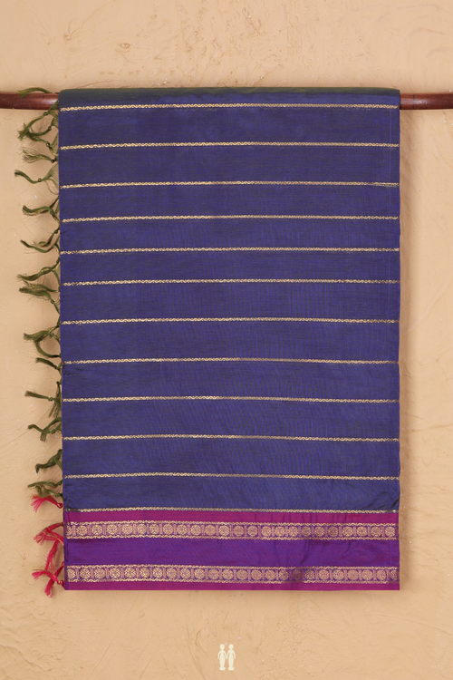 Nine Yards Silk Cotton Saree In Blue With Stripes Design
