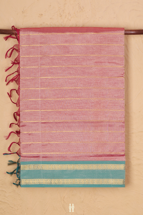 Nine Yards Silk Cotton Saree Salmon Pink With Stripes Design