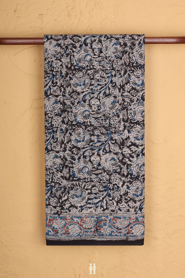 Kalamkari Cotton Saree In Dark Oak Brown With Floral Design