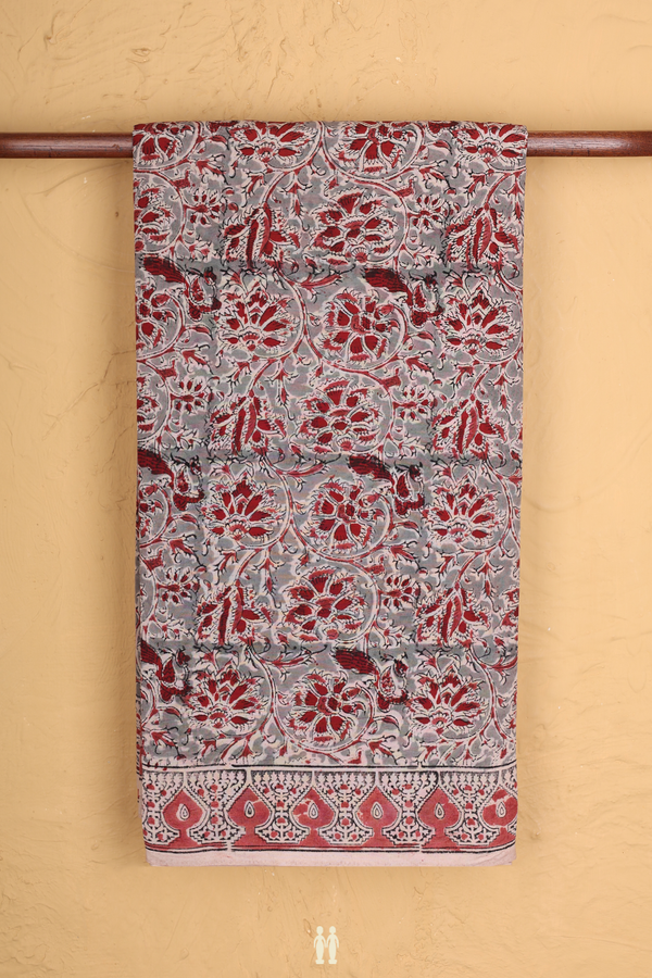 Kalamkari Cotton Saree In Light Grey With Floral Design