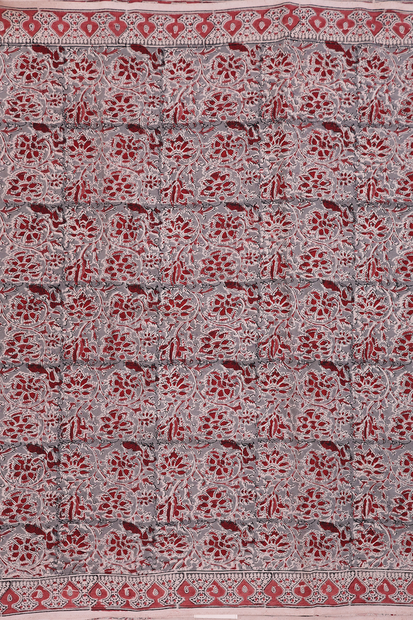 Kalamkari Cotton Saree In Light Grey With Floral Design