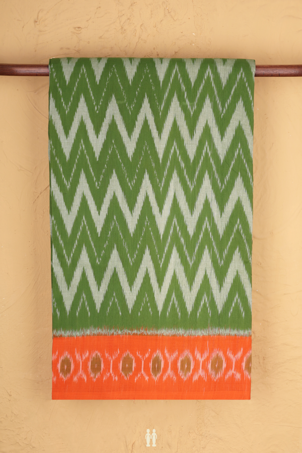 Pochampally Cotton Saree In Fern Green With Chevron Design