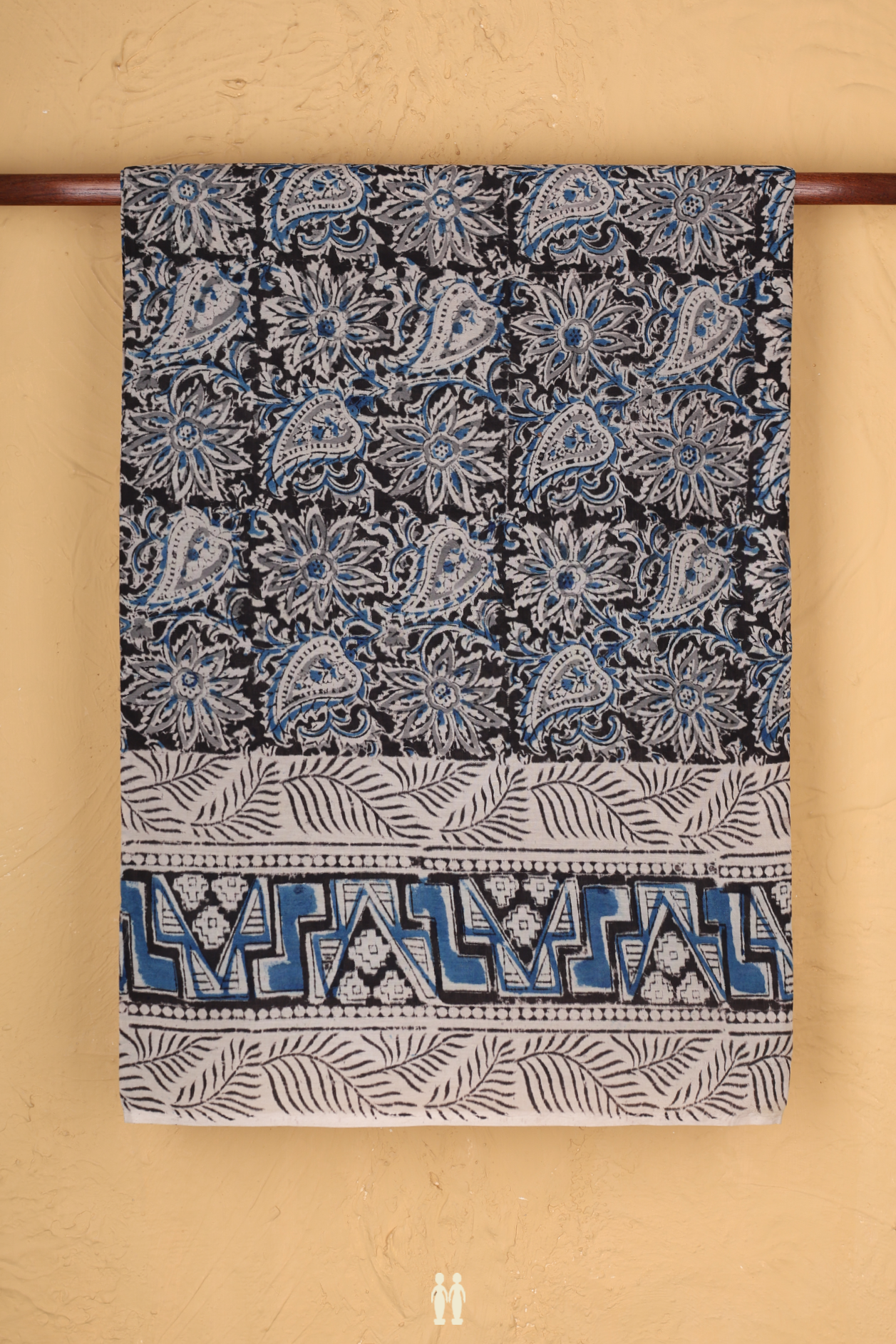 Kalamkari Cotton Saree In Black With Floral Design