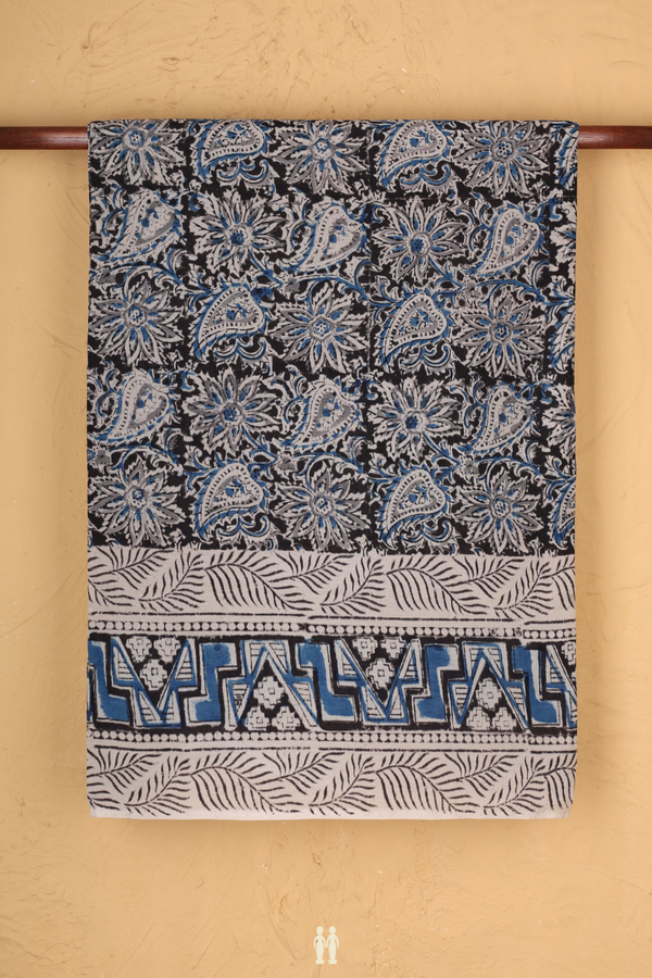 Kalamkari Cotton Saree In Black With Floral Design