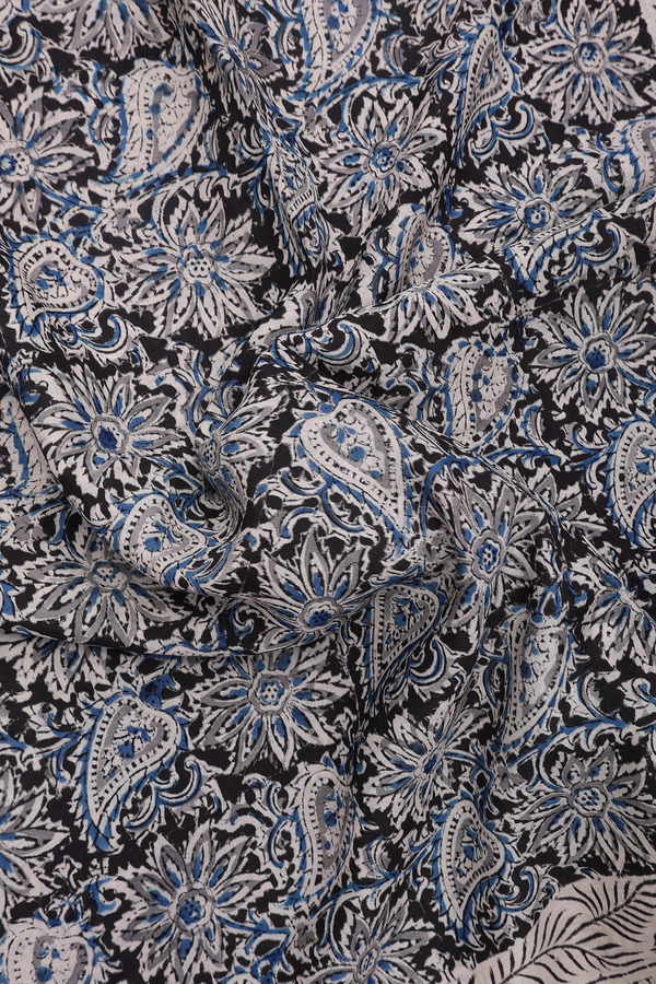 Kalamkari Cotton Saree In Black With Floral Design