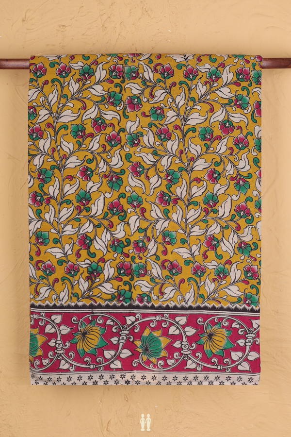 Kalamkari Cotton Saree In Golden Yellow With Floral Design