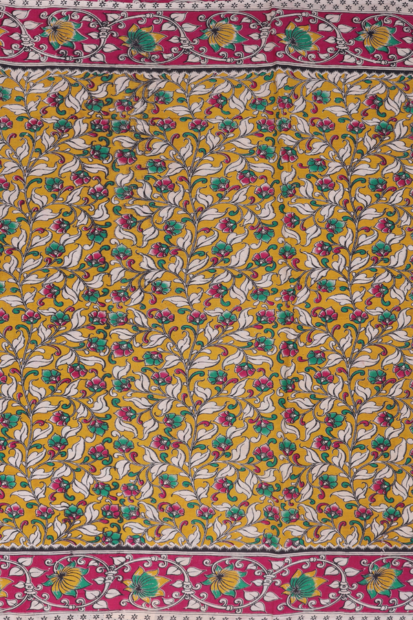 Kalamkari Cotton Saree In Golden Yellow With Floral Design