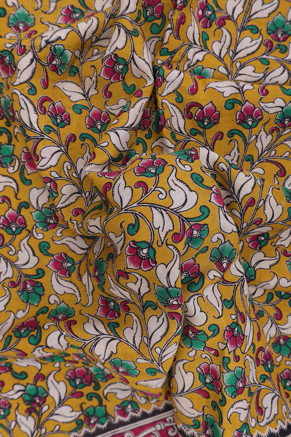 Kalamkari Cotton Saree In Golden Yellow With Floral Design