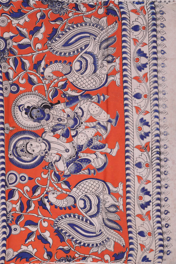 Kalamkari Cotton Saree In Royal Blue With Floral Design