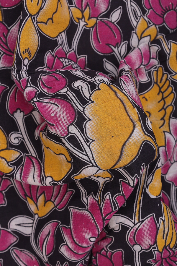 Kalamkari Cotton Saree In Black With Floral Design