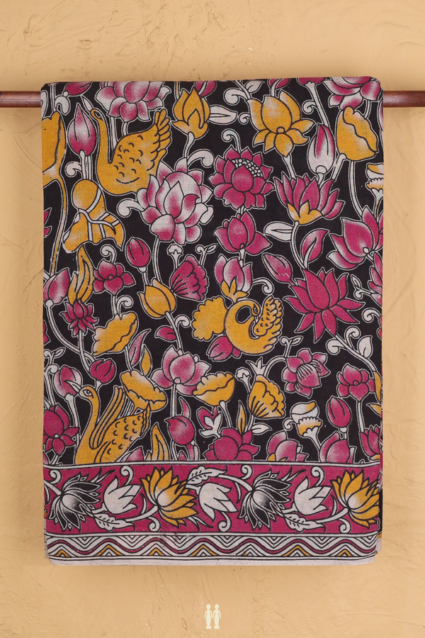 Kalamkari Cotton Saree In Black With Floral Design