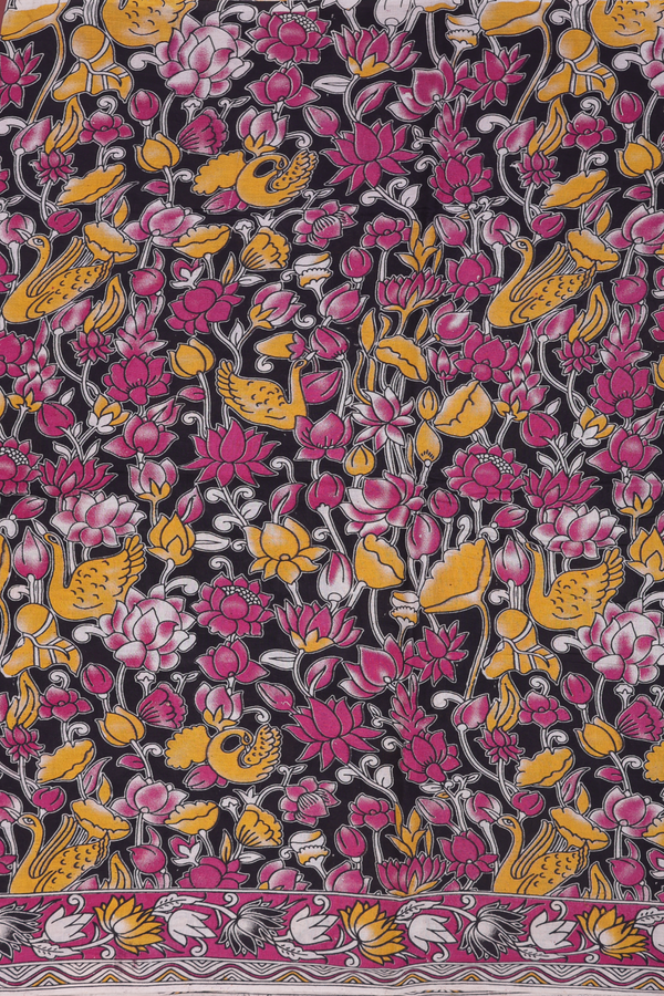 Kalamkari Cotton Saree In Black With Floral Design