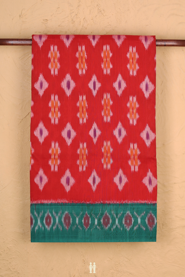 Pochampally Cotton Saree In Vermillion Red With Diamond Design