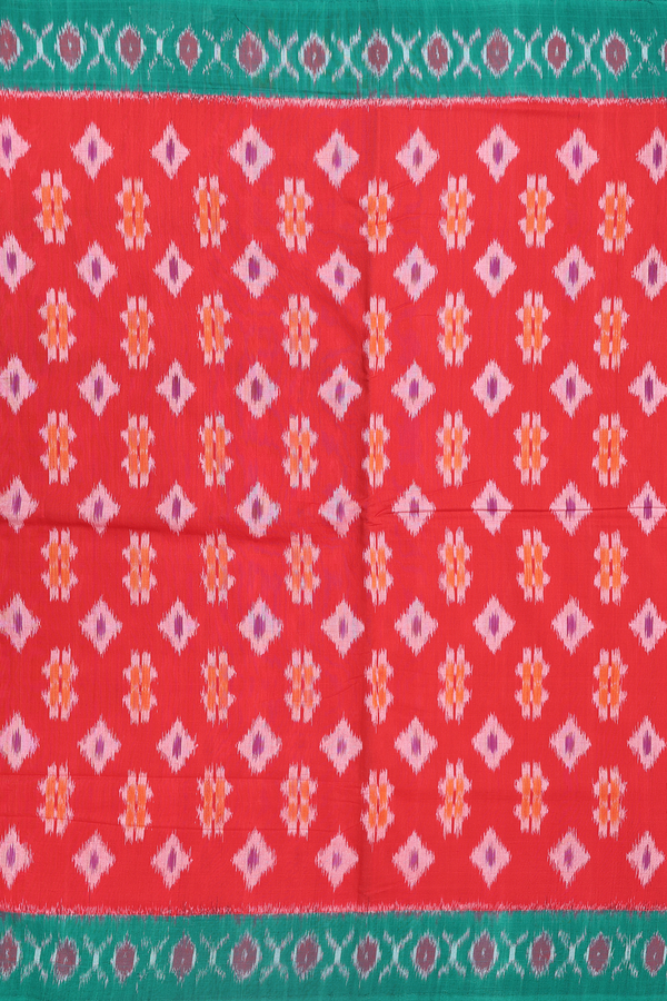 Pochampally Cotton Saree In Vermillion Red With Diamond Design