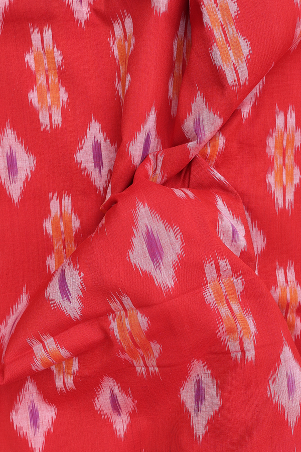 Pochampally Cotton Saree In Vermillion Red With Diamond Design