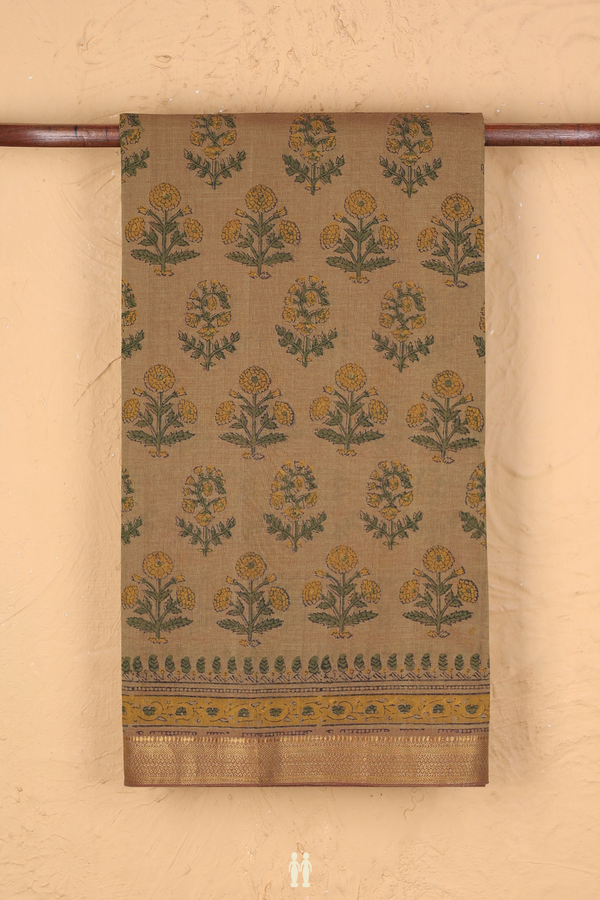 Mangalagiri Cotton Saree Greenish Brown With Floral Design