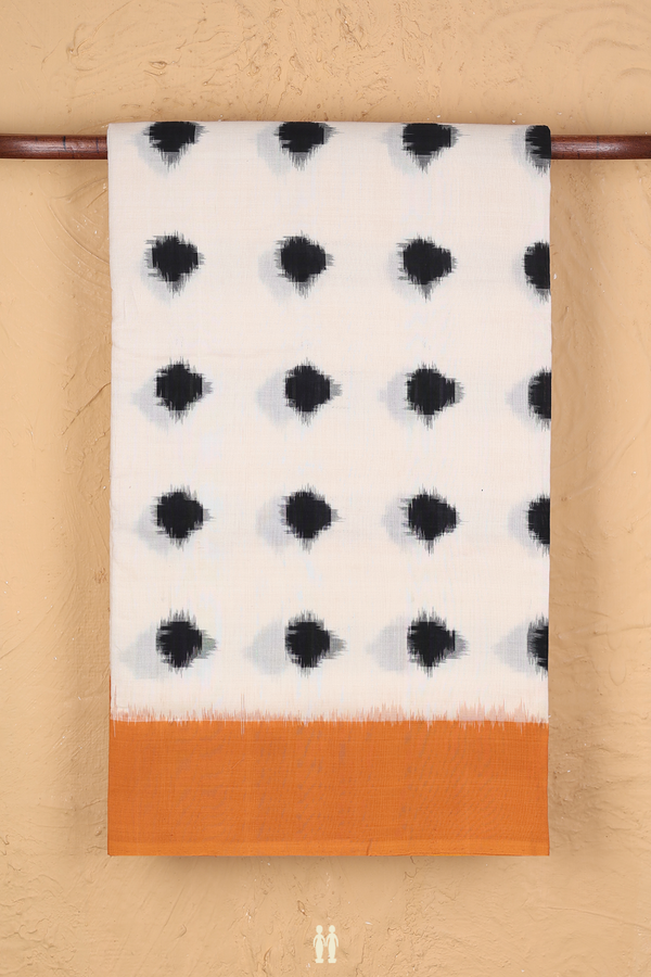 Pochampally Cotton Saree In White With Ikat Buttas