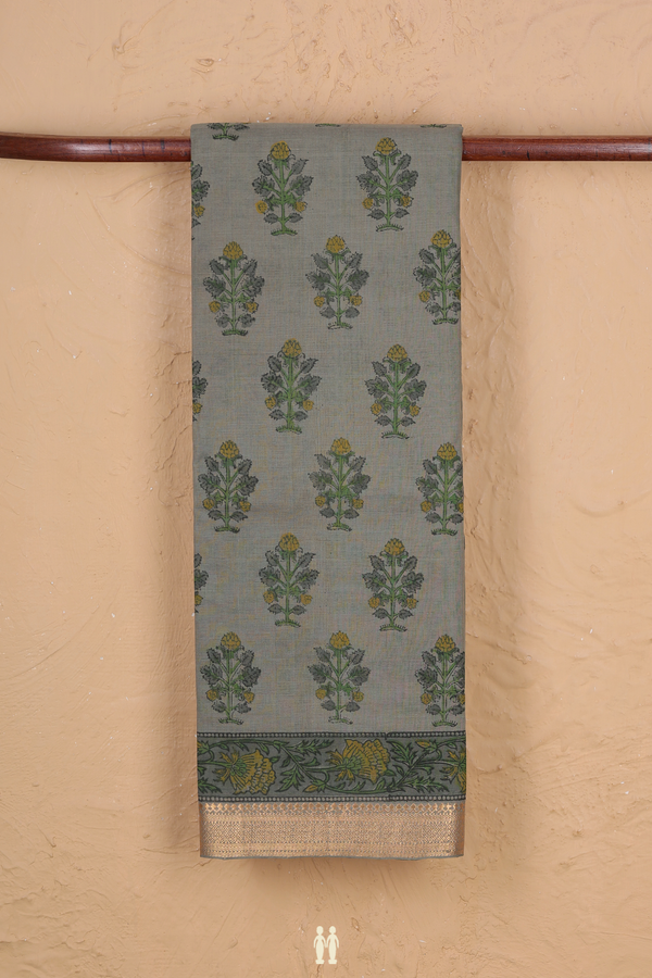 Mangalagiri Cotton Saree In Greyish Green With Floral Motifs