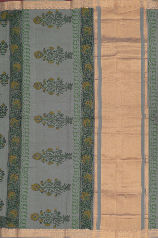 Mangalagiri Cotton Saree In Greyish Green With Floral Motifs