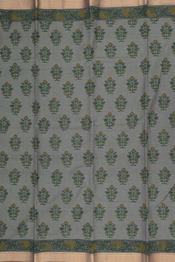 Mangalagiri Cotton Saree In Greyish Green With Floral Motifs