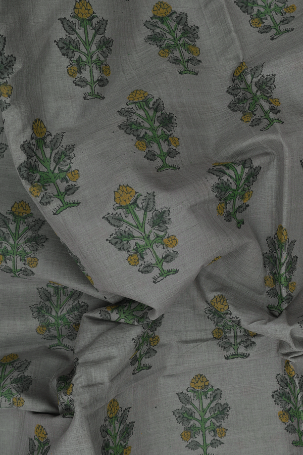 Mangalagiri Cotton Saree In Greyish Green With Floral Motifs
