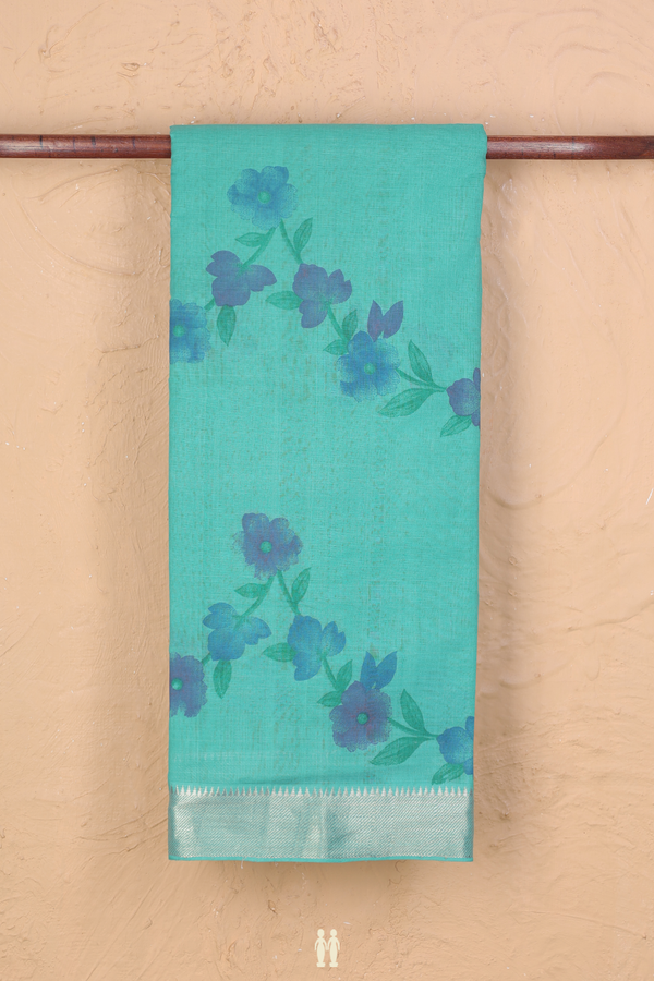 Mangalagiri Cotton Saree In Tiffany Blue With Floral Design