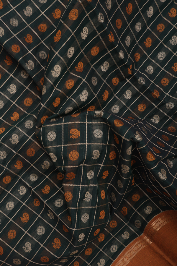 Chettinadu Cotton Saree In Dark Green With Checks Design