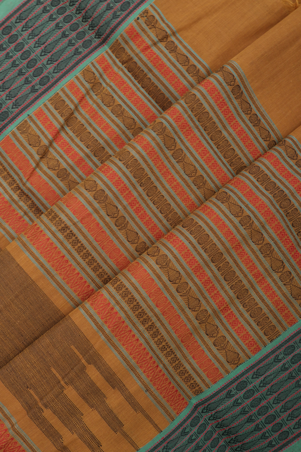 Chettinadu Cotton Saree In Golden Brown With Stripes Design