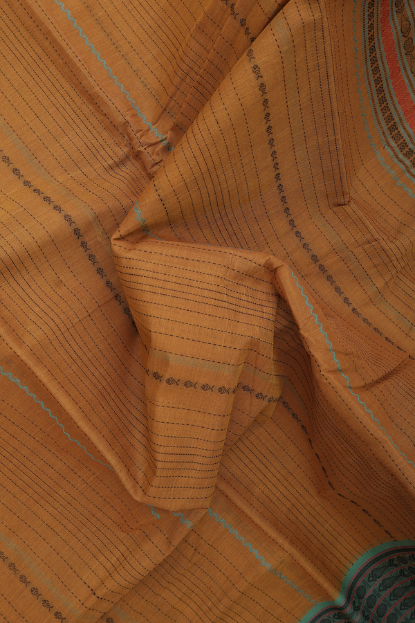 Chettinadu Cotton Saree In Golden Brown With Stripes Design