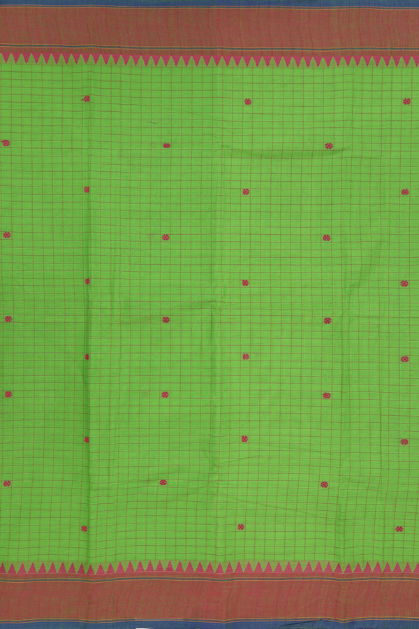 Chettinadu Cotton Saree In Parrot Green With Checks Design