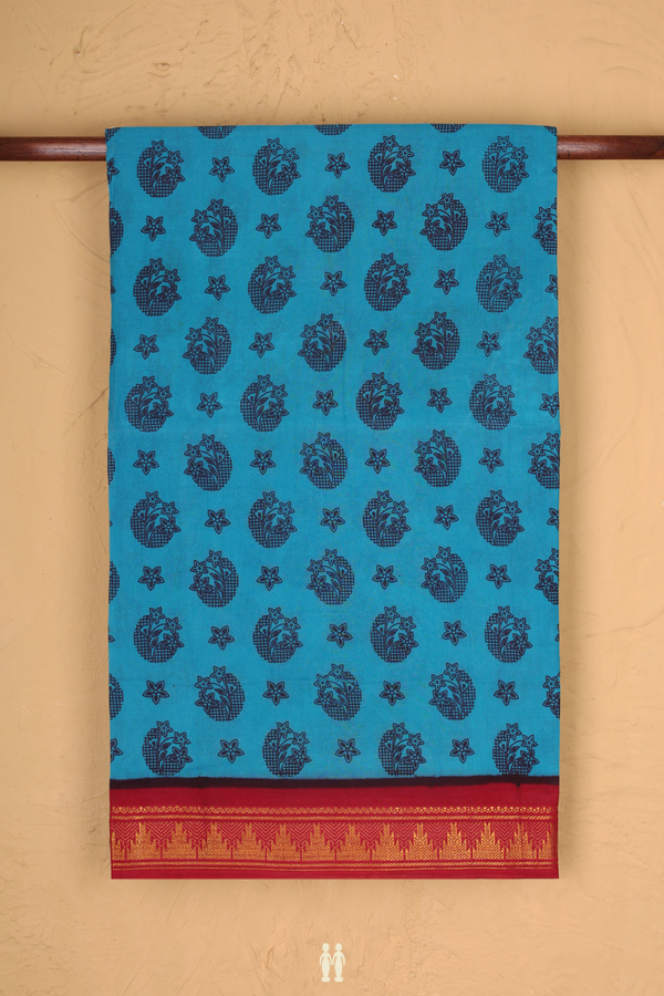 Sungudi Cotton Saree In Cerulean Blue With Floral Design