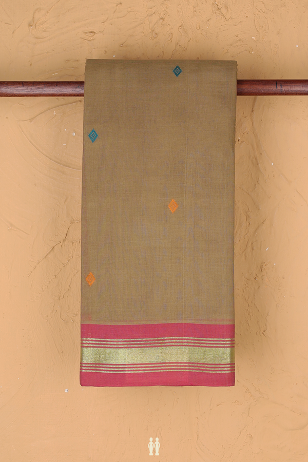 Chettinadu Cotton Saree In Brown With Threadwork Buttas