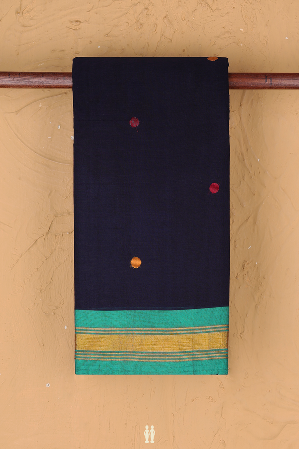 Chettinadu Cotton Saree In Navy Blue With Threadwork Buttas