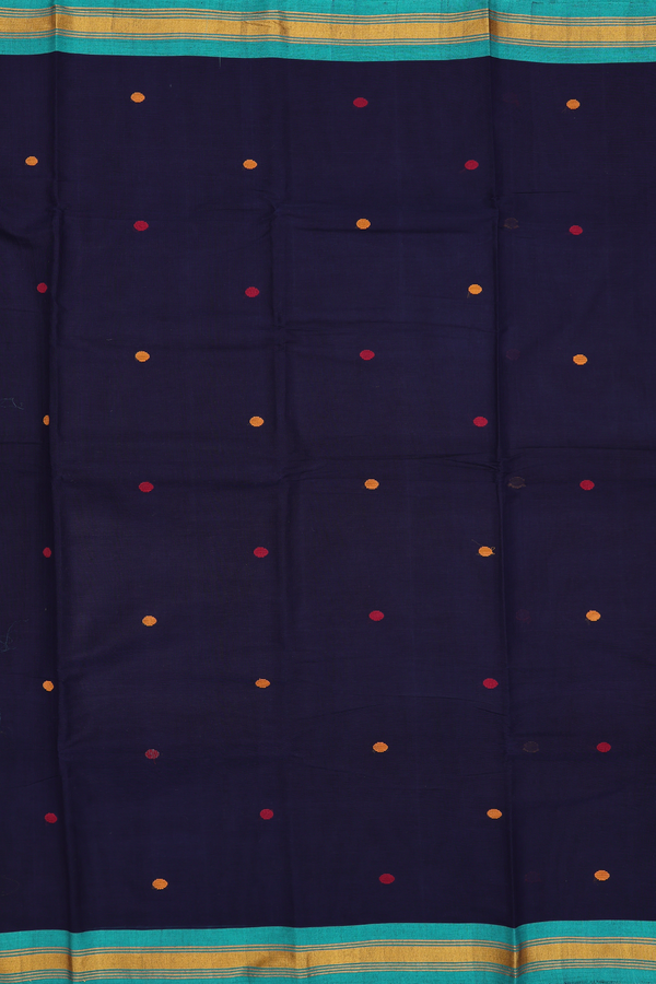 Chettinadu Cotton Saree In Navy Blue With Threadwork Buttas