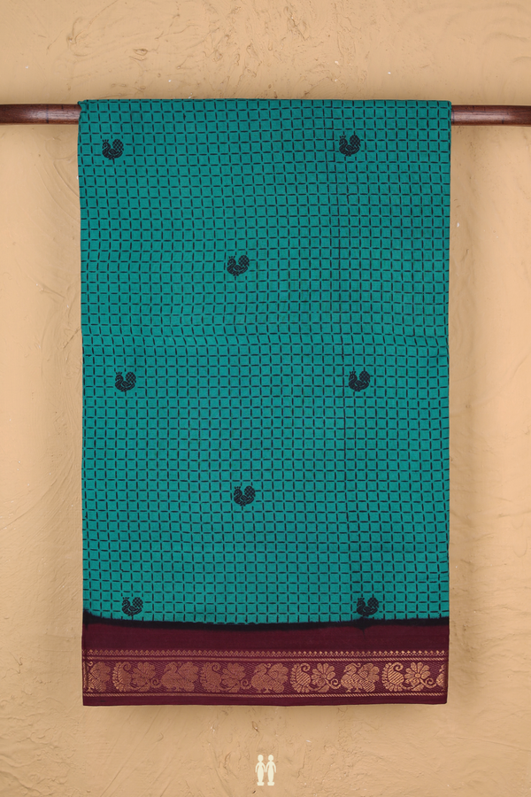 Sungudi Cotton Saree In Peacock Green With Printed Design
