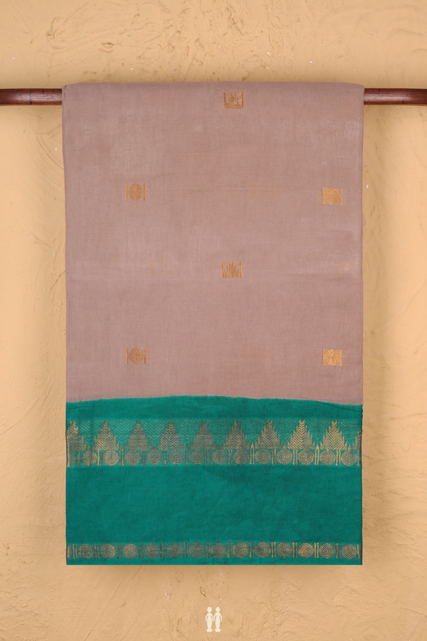 Sungudi Cotton Saree In Dusty Brown With Rudraksh Buttas
