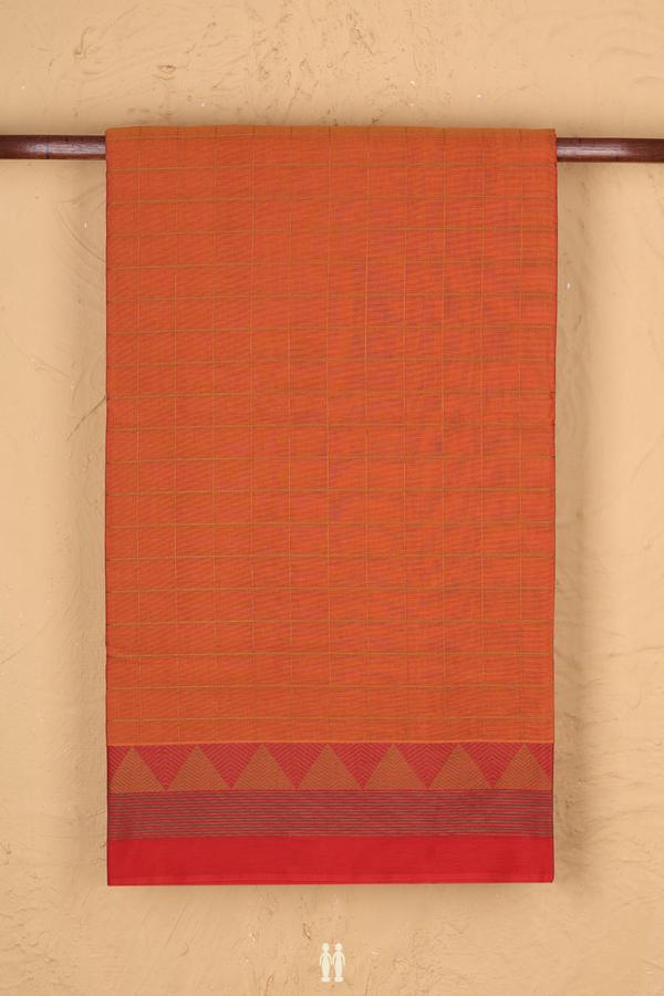 Handloom Cotton Saree In Spiced Orange With Checks Design
