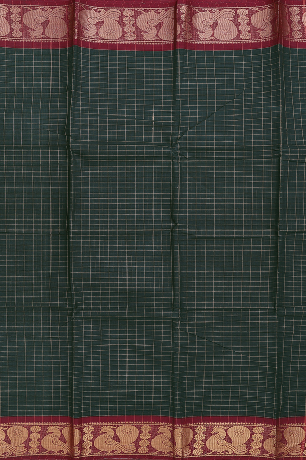 Chettinadu Cotton Saree In Forest Green With Checks Design