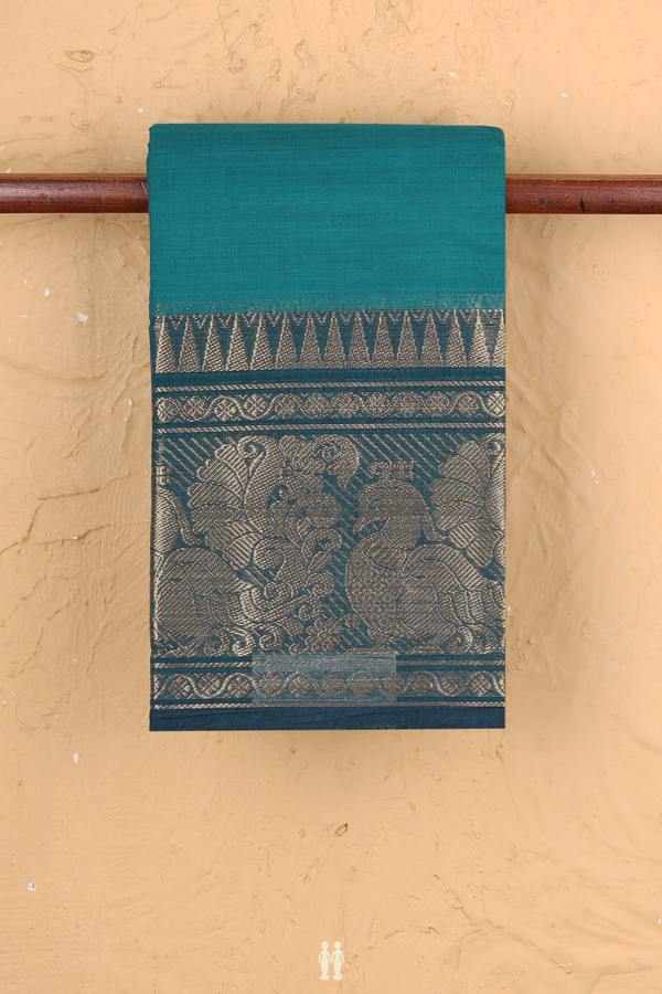 Chettinadu Cotton Saree In Peacock Blue With Zari Border