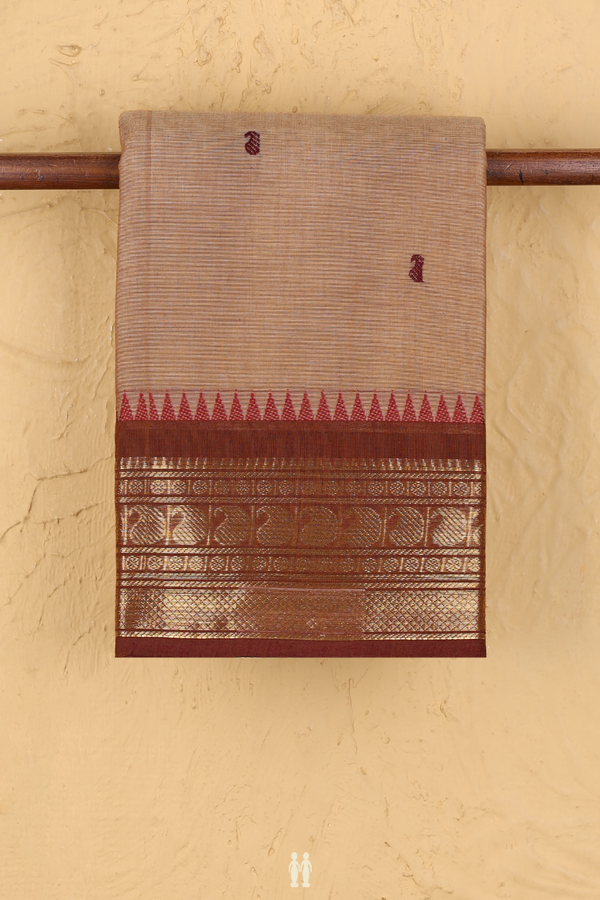Chettinadu Cotton Saree In Brown With Threadwork Buttas