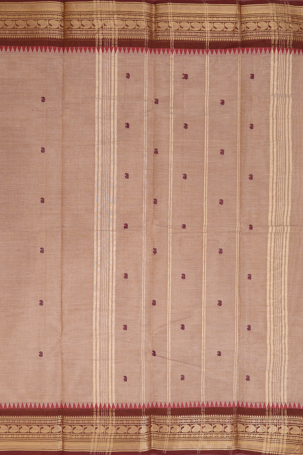 Chettinadu Cotton Saree In Brown With Threadwork Buttas