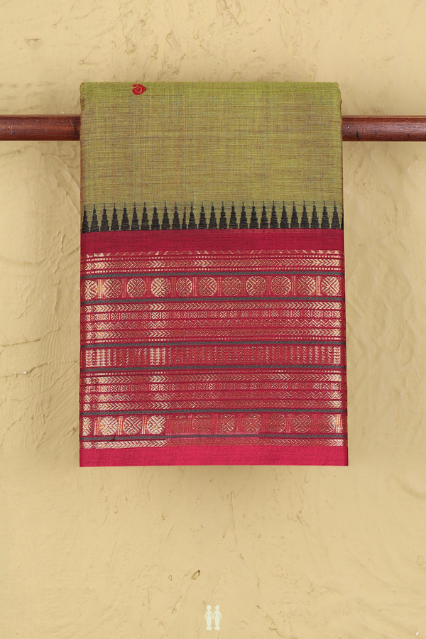 Chettinadu Cotton Saree In Olive Yellow With Floral Buttas