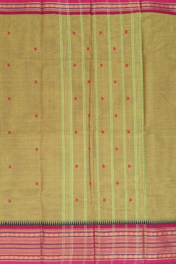 Chettinadu Cotton Saree In Olive Yellow With Floral Buttas