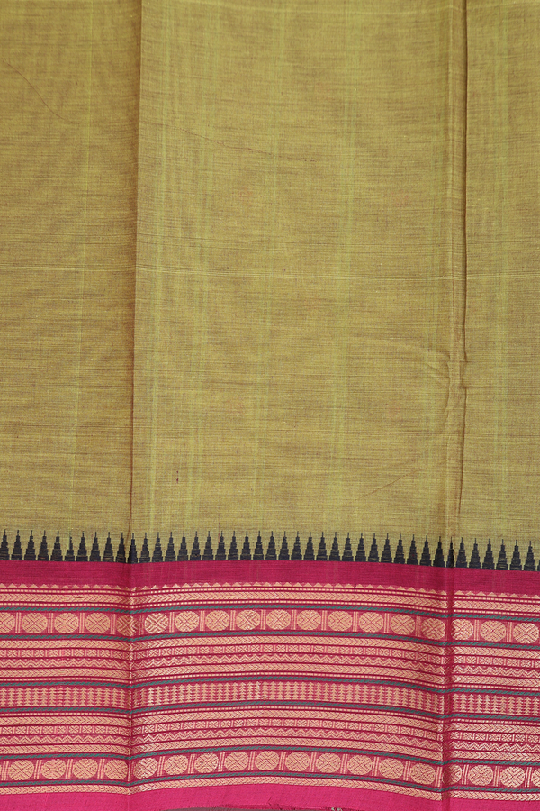 Chettinadu Cotton Saree In Olive Yellow With Floral Buttas